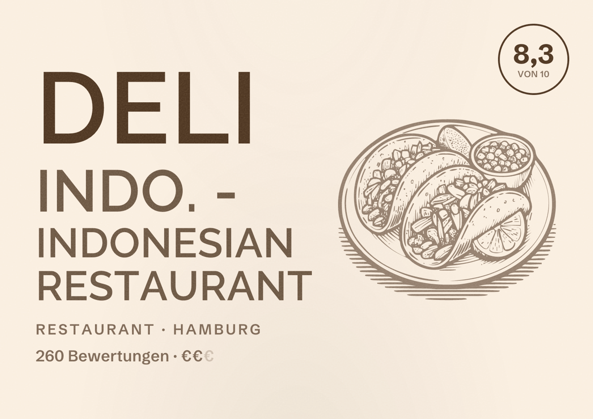 Illustriertes Poster von Deli Indo. - Indonesian Restaurant, Restaurant in Hamburg: Bewertung 8,3 von 10 aus 260 Bewertungen, Preisniveau €€