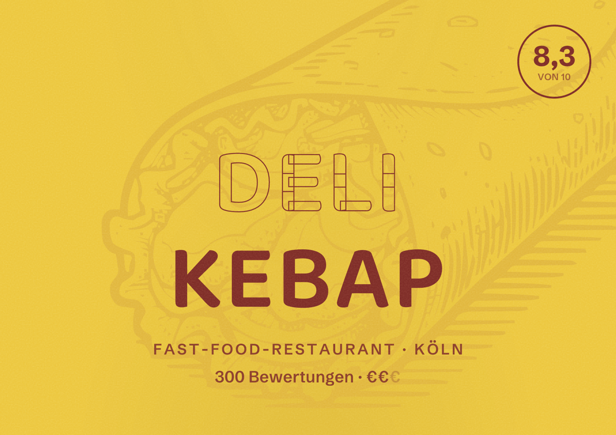 Illustriertes Poster von Deli Kebap, Fast-Food-Restaurant in Köln: Bewertung 8,3 von 10 aus 300 Bewertungen, Preisniveau €€