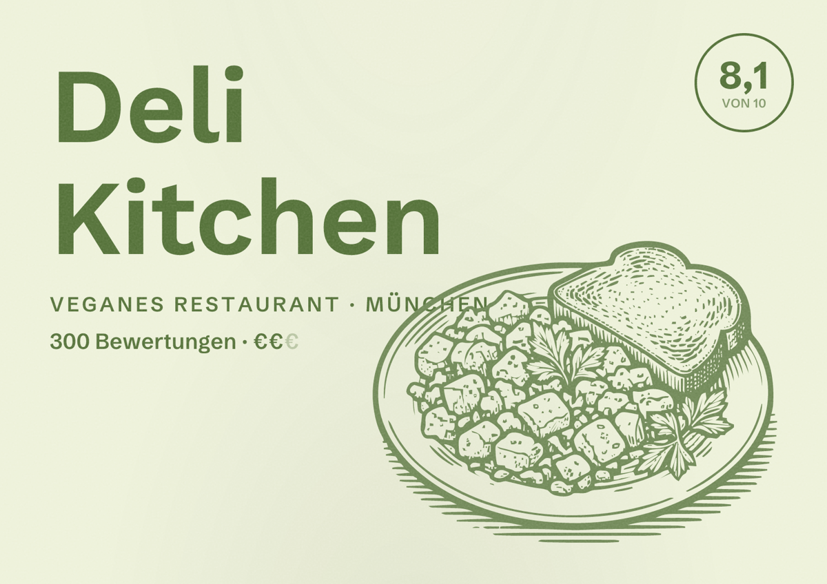 Illustriertes Poster von Deli Kitchen, Veganes Restaurant in München: Bewertung 8,1 von 10 aus 300 Bewertungen, Preisniveau €€