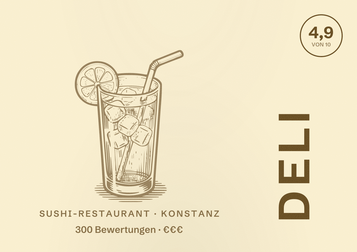 Illustriertes Poster von Deli, Sushi-Restaurant in Konstanz: Bewertung 4,9 von 10 aus 300 Bewertungen, Preisniveau €€€