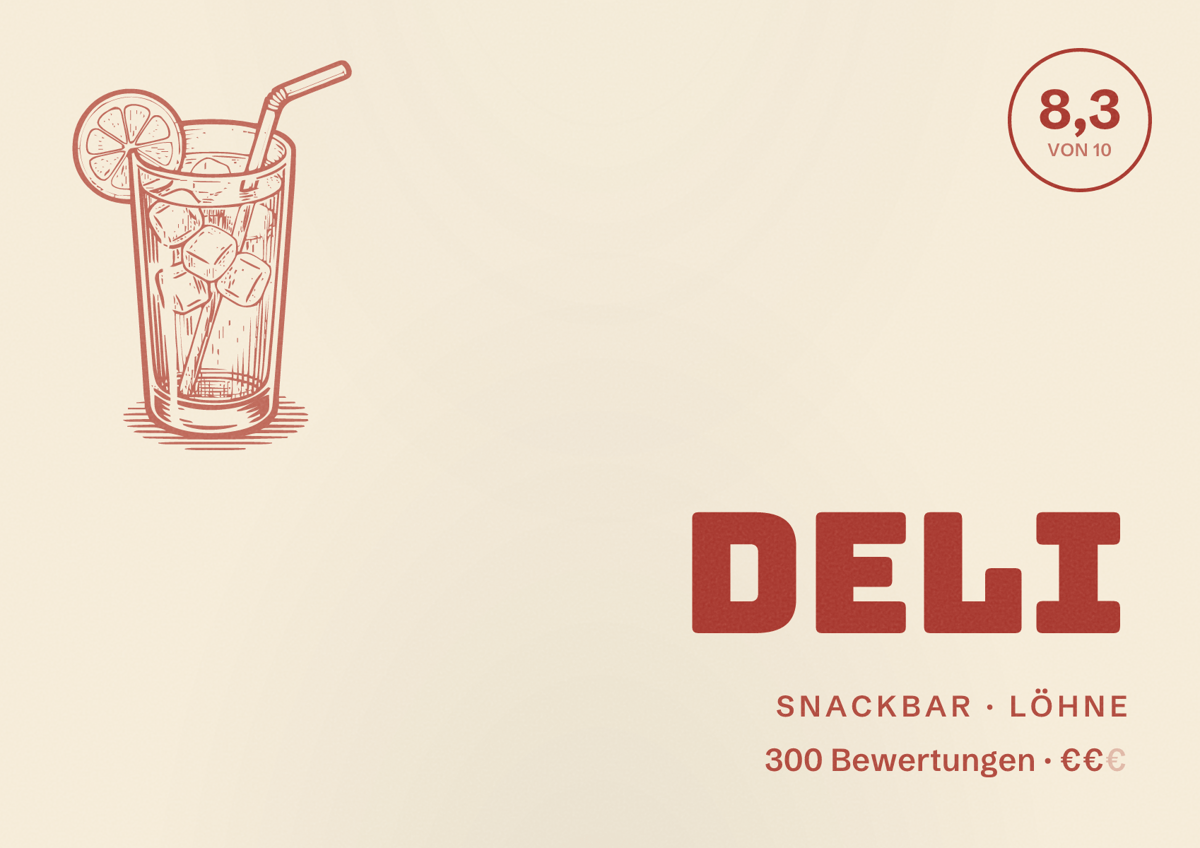 Illustriertes Poster von Deli, Snackbar in Löhne: Bewertung 8,3 von 10 aus 300 Bewertungen, Preisniveau €€