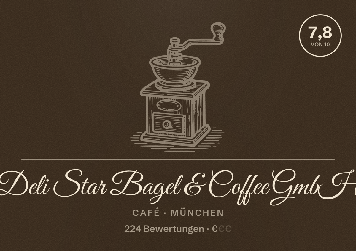 Illustriertes Poster von Deli Star Bagel & Coffee GmbH, Café in München: Bewertung 7,8 von 10 aus 224 Bewertungen, Preisniveau €