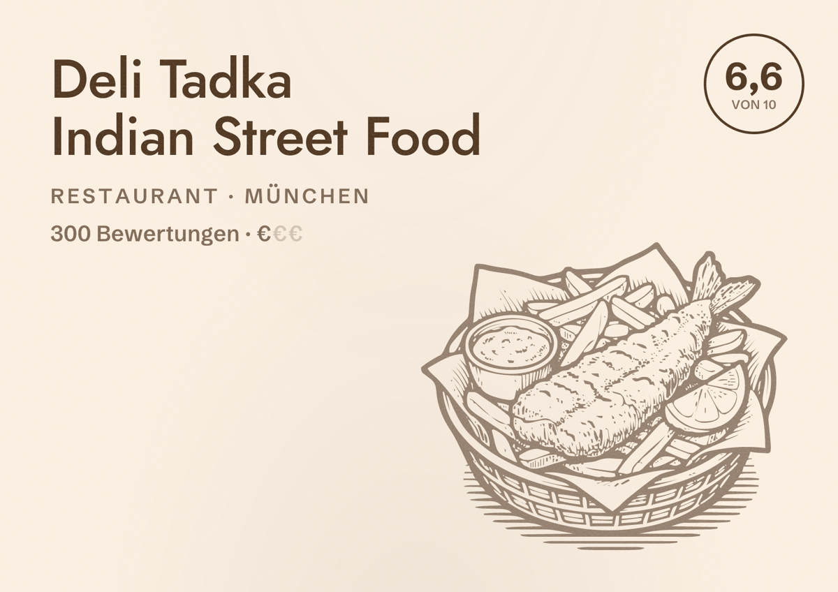 Illustriertes Poster von Deli Tadka Indian Street Food, Restaurant in München: Bewertung 6,6 von 10 aus 300 Bewertungen, Preisniveau €