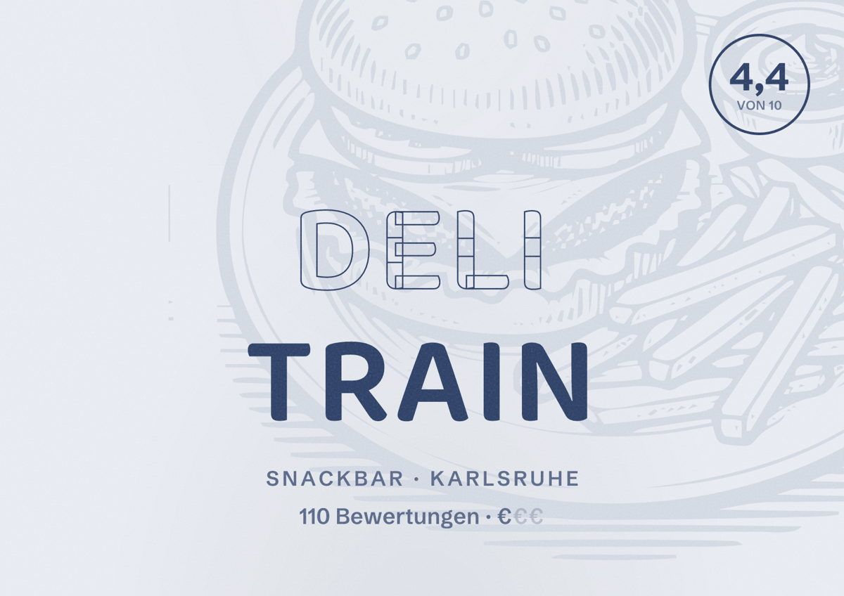 Illustriertes Poster von Deli Train, Snackbar in Karlsruhe: Bewertung 4,4 von 10 aus 110 Bewertungen, Preisniveau €
