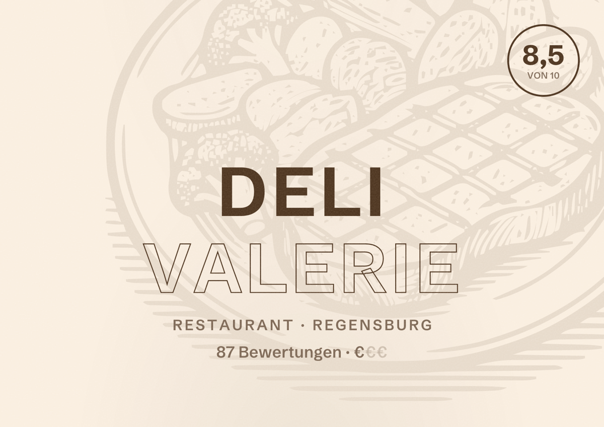 Illustriertes Poster von Deli Valerie, Restaurant in Regensburg: Bewertung 8,5 von 10 aus 87 Bewertungen, Preisniveau €