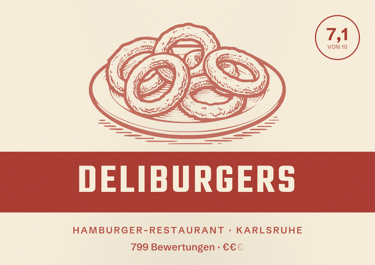 Illustriertes Poster von DeliBurgers, Hamburger-Restaurant in Karlsruhe: Bewertung 7,1 von 10 aus 799 Bewertungen, Preisniveau €€
