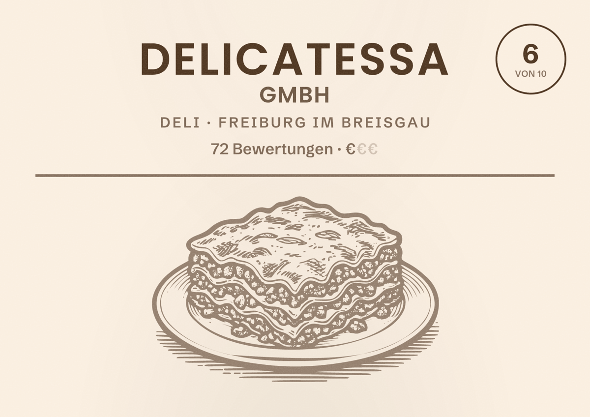 Illustriertes Poster von Delicatessa GmbH, Deli in Freiburg im Breisgau: Bewertung 6,0 von 10 aus 72 Bewertungen, Preisniveau €