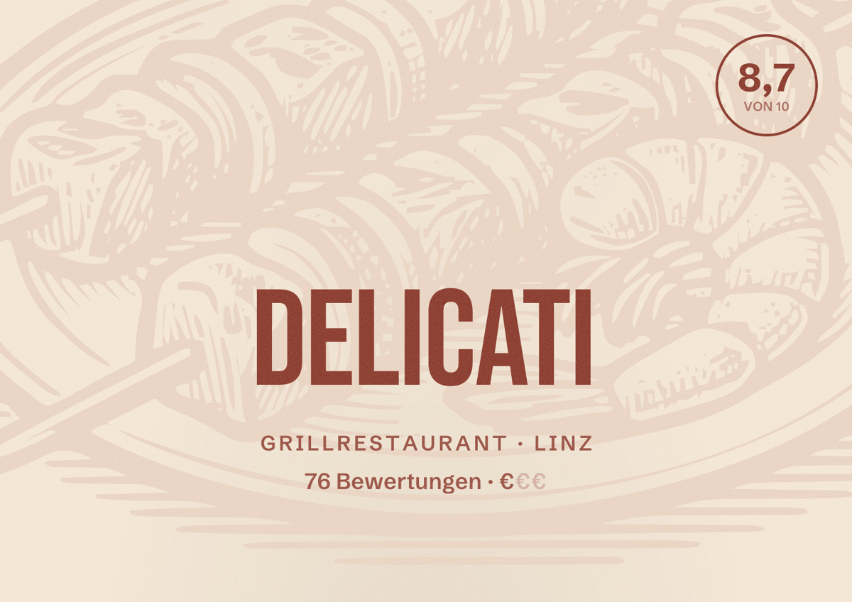 Illustriertes Poster von Delicati, Grillrestaurant in Linz: Bewertung 8,7 von 10 aus 76 Bewertungen, Preisniveau €