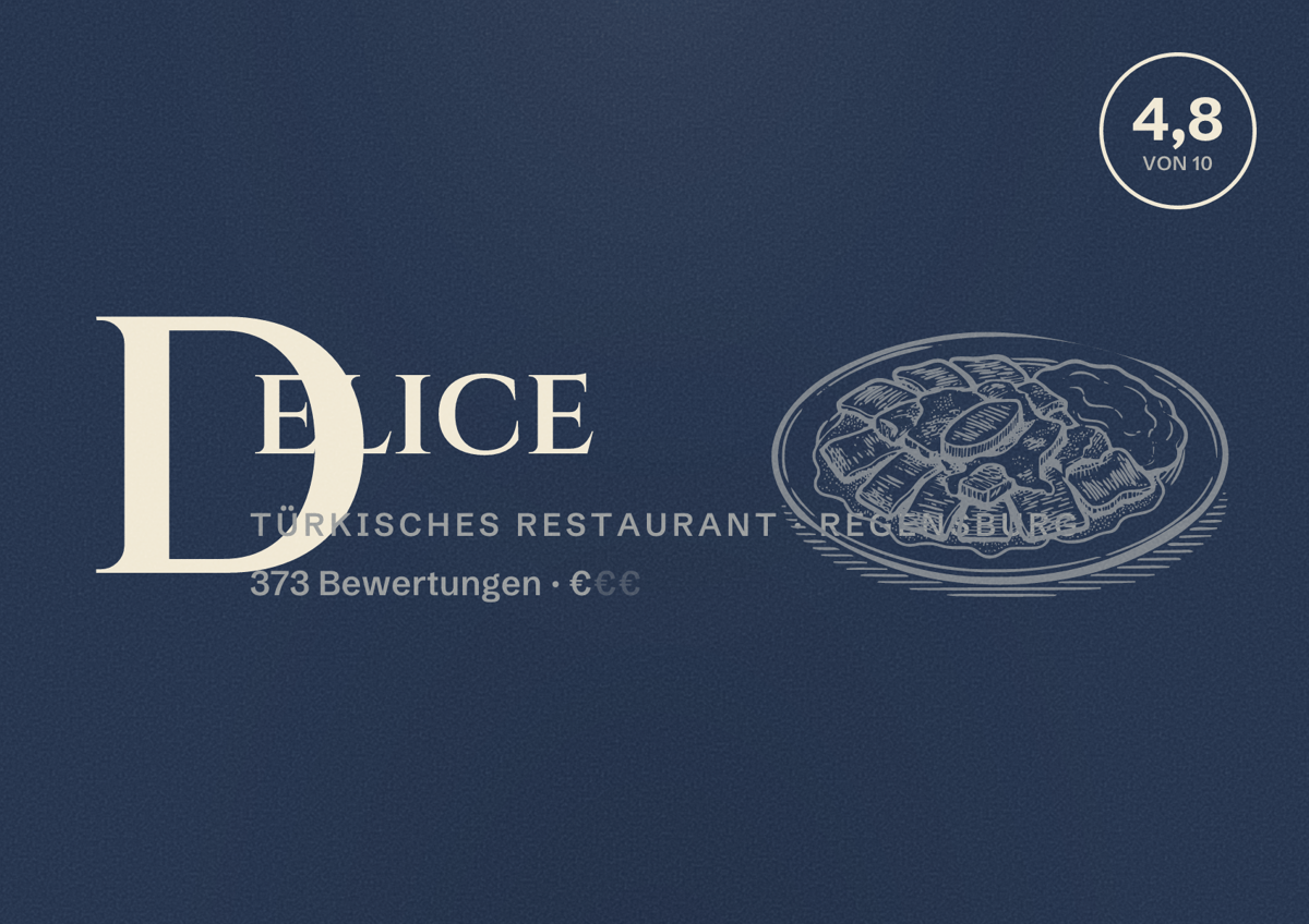 Illustriertes Poster von Delice, Türkisches Restaurant in Regensburg: Bewertung 4,8 von 10 aus 373 Bewertungen, Preisniveau €