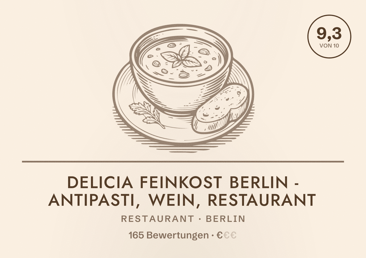 Illustriertes Poster von Delicia Feinkost Berlin - Antipasti, Wein, Restaurant, Restaurant in Berlin: Bewertung 9,3 von 10 aus 165 Bewertungen, Preisniveau €