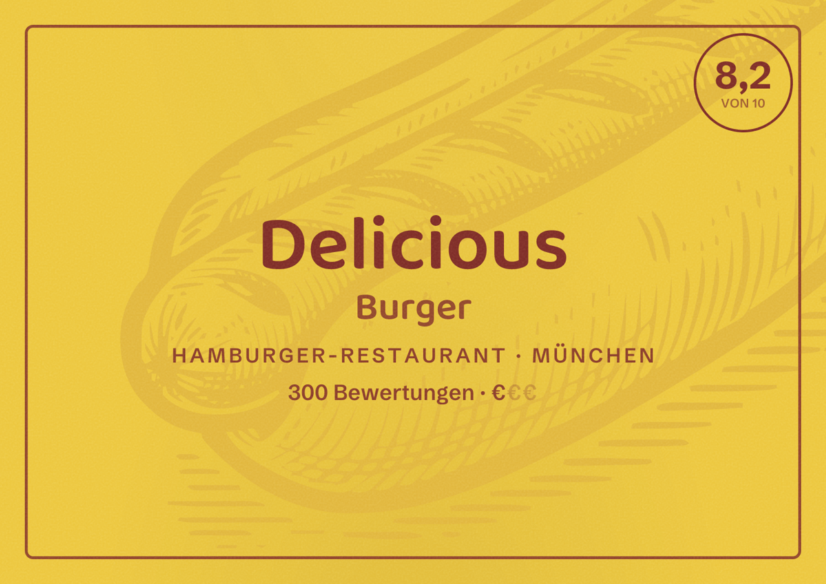 Illustriertes Poster von Delicious Burger, Hamburger-Restaurant in München: Bewertung 8,2 von 10 aus 300 Bewertungen, Preisniveau €