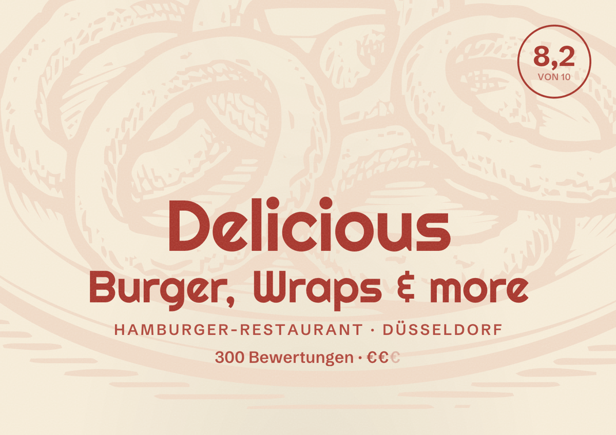 Illustriertes Poster von Delicious Burger, Wraps & more, Hamburger-Restaurant in Düsseldorf: Bewertung 8,2 von 10 aus 300 Bewertungen, Preisniveau €€