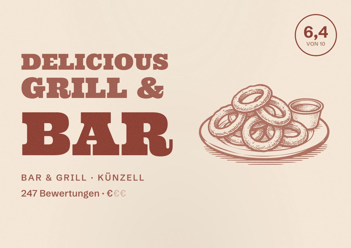 Illustriertes Poster von Delicious Grill & Bar, Bar & Grill in Künzell: Bewertung 6,4 von 10 aus 247 Bewertungen, Preisniveau €