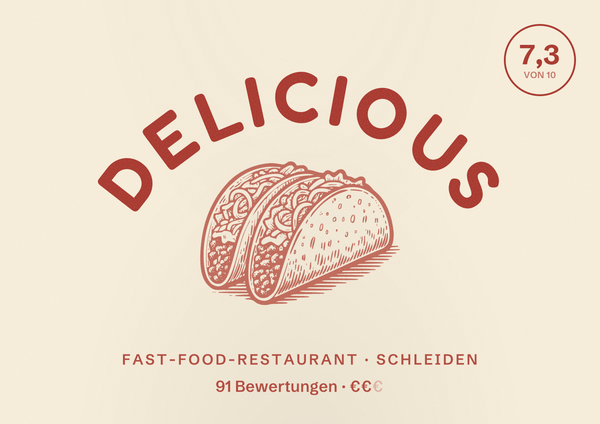 Illustriertes Poster von Delicious, Fast-Food-Restaurant in Schleiden: Bewertung 7,3 von 10 aus 91 Bewertungen, Preisniveau €€