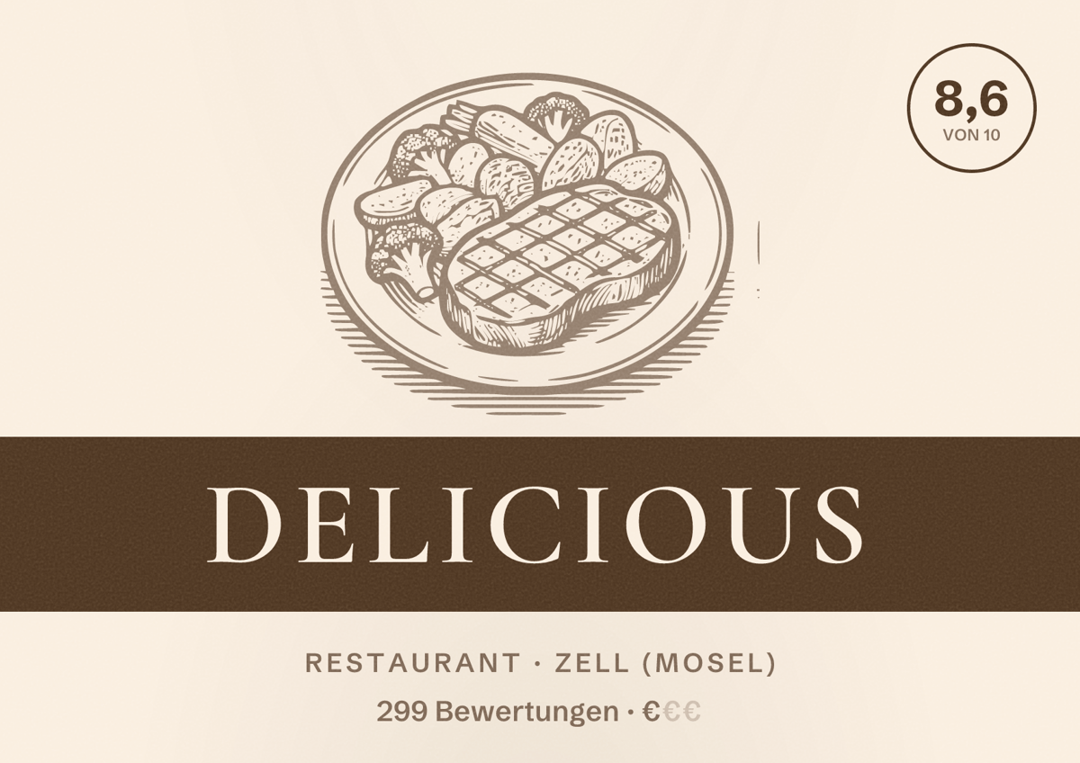 Illustriertes Poster von Delicious, Restaurant in Zell (Mosel): Bewertung 8,6 von 10 aus 299 Bewertungen, Preisniveau €