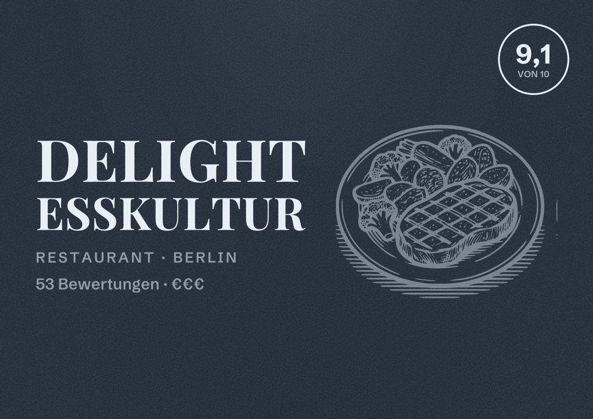 Illustriertes Poster von delight esskultur, Restaurant in Berlin: Bewertung 9,1 von 10 aus 53 Bewertungen, Preisniveau €€€