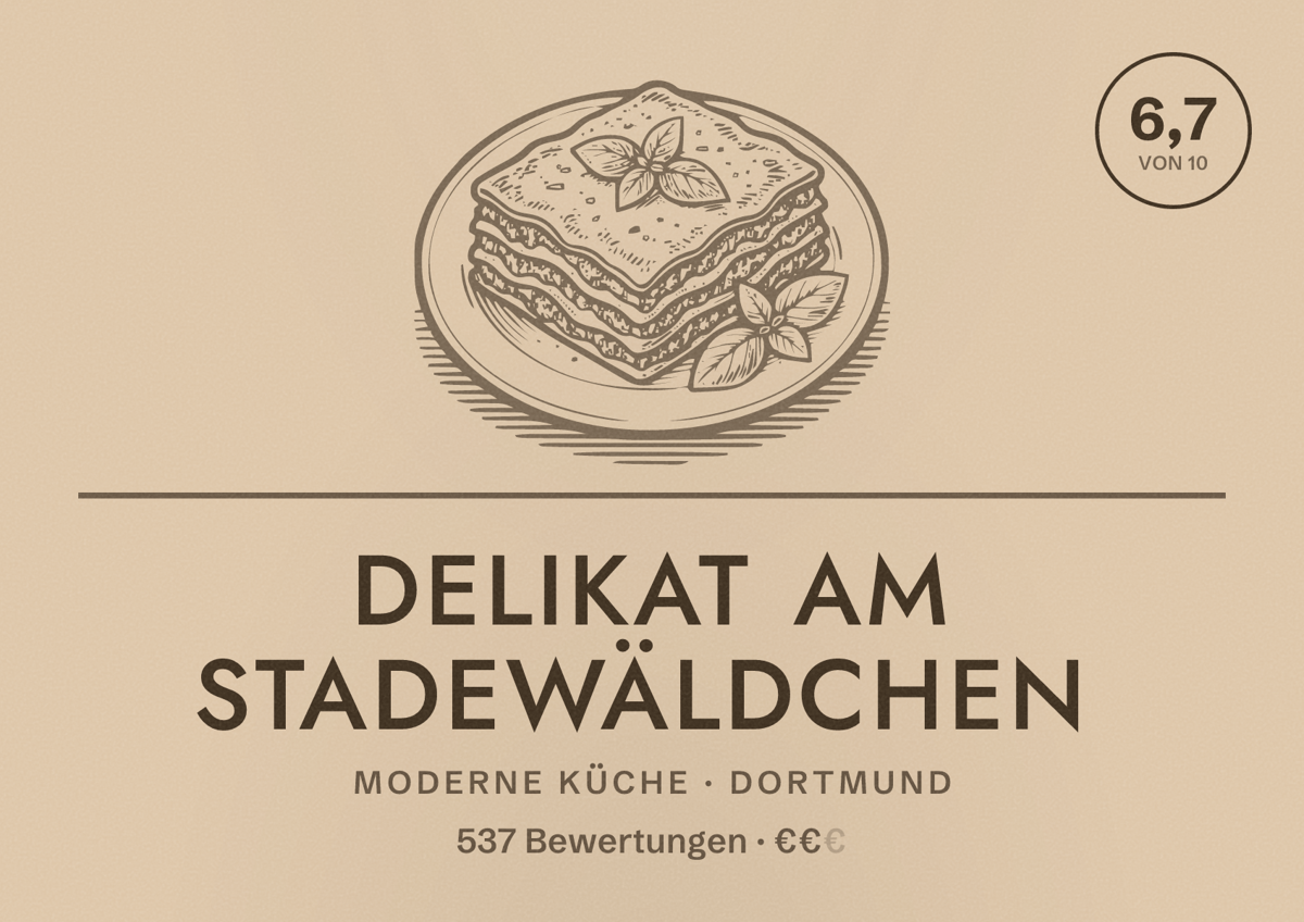Illustriertes Poster von Delikat am Stadewäldchen, Moderne Küche in Dortmund: Gästebewertung 6,7 von 10 aus 537 Bewertungen