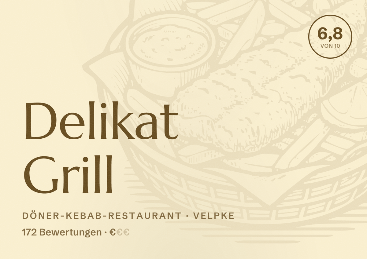 Illustriertes Poster von Delikat Grill, Döner-Kebab-Restaurant in Velpke: Bewertung 6,8 von 10 aus 172 Bewertungen, Preisniveau €