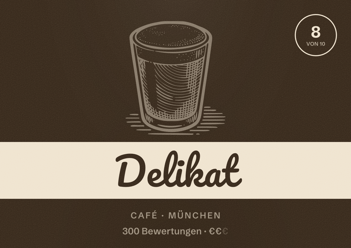 Illustriertes Poster von Delikat, Café in München: Bewertung 8,0 von 10 aus 300 Bewertungen, Preisniveau €€