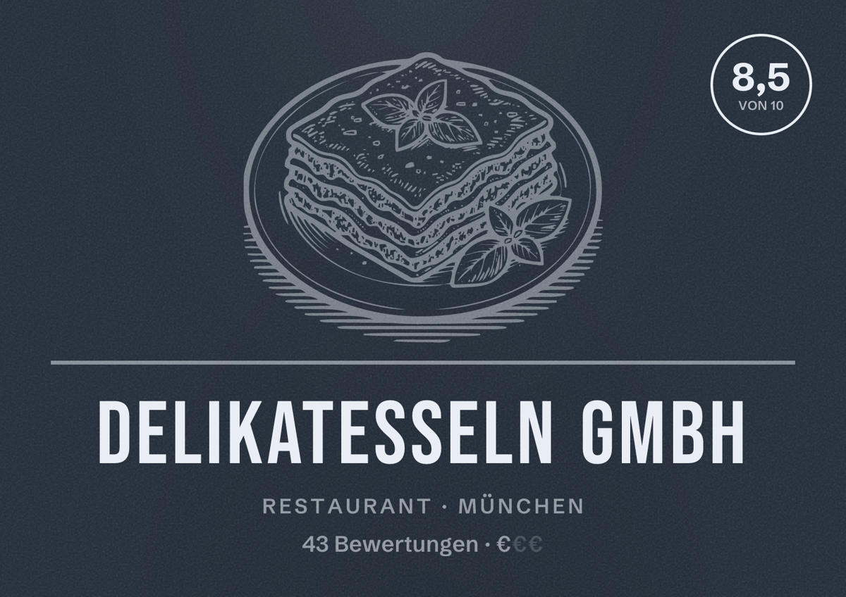 Illustriertes Poster von DelikatesseLn GmbH, Restaurant in München: Bewertung 8,5 von 10 aus 43 Bewertungen, Preisniveau €