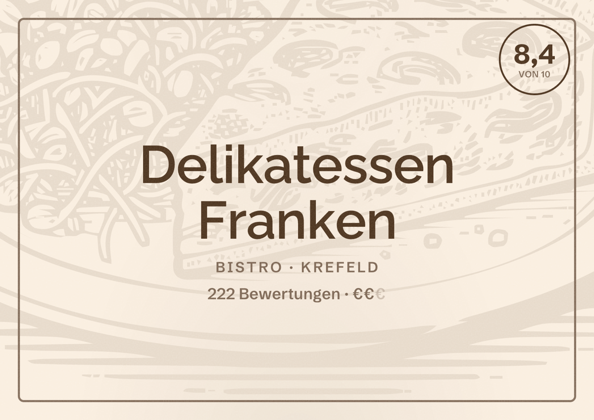 Illustriertes Poster von Delikatessen Franken, Bistro in Krefeld: Bewertung 8,4 von 10 aus 222 Bewertungen, Preisniveau €€