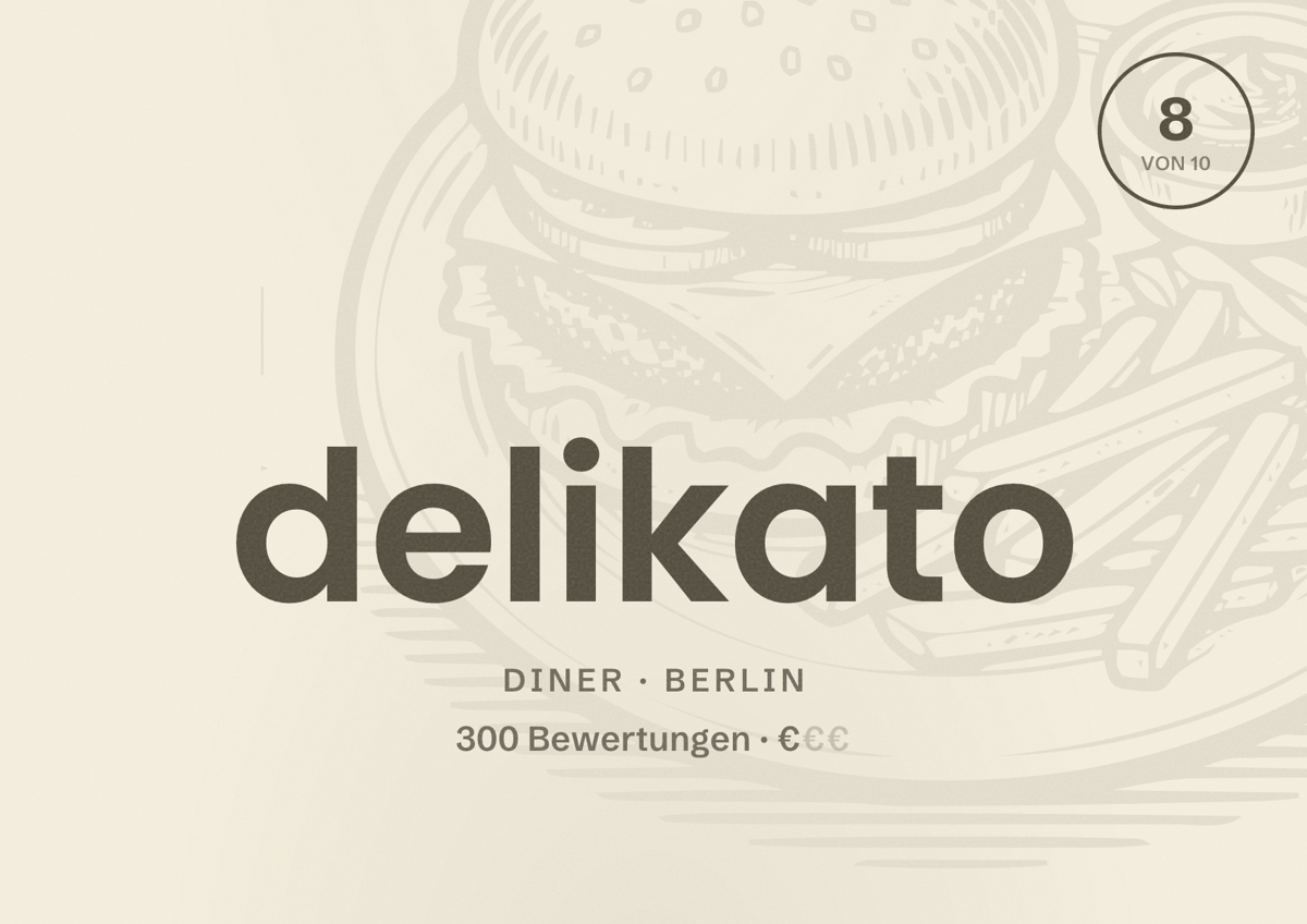 Illustriertes Poster von delikato, Diner in Berlin: Bewertung 8,0 von 10 aus 300 Bewertungen, Preisniveau €