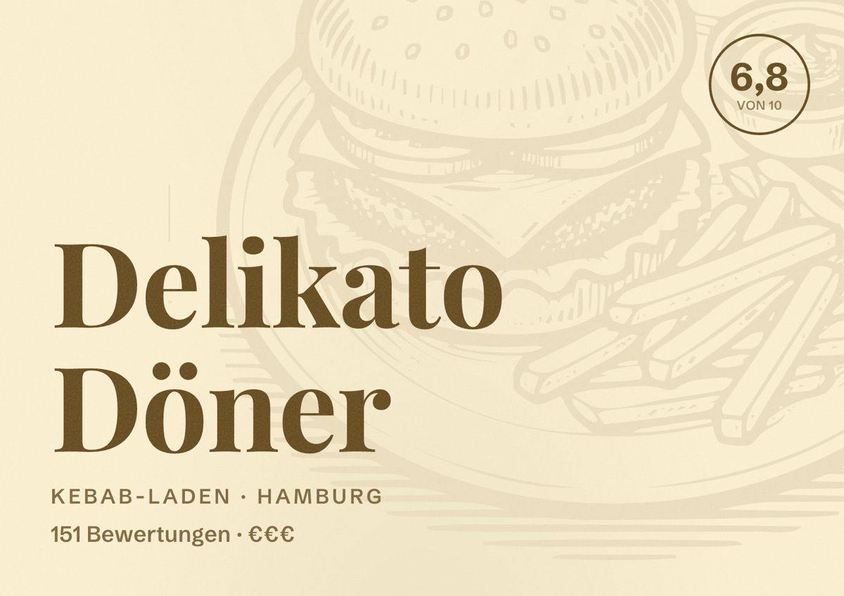 Illustriertes Poster von Delikato Döner, Kebab-Laden in Hamburg: Bewertung 6,8 von 10 aus 151 Bewertungen, Preisniveau €€€