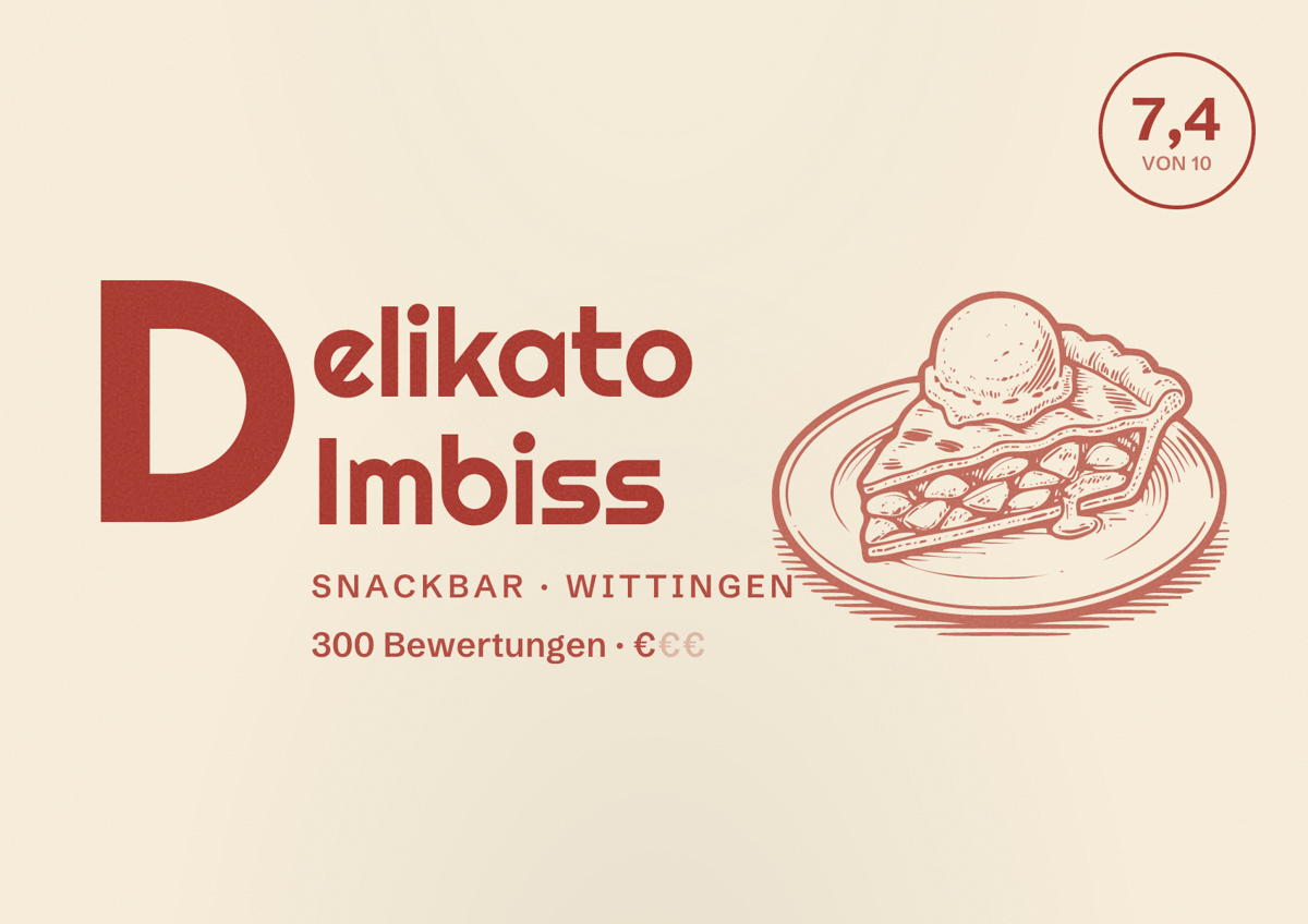 Illustriertes Poster von Delikato Imbiss, Snackbar in Wittingen: Bewertung 7,4 von 10 aus 300 Bewertungen, Preisniveau €