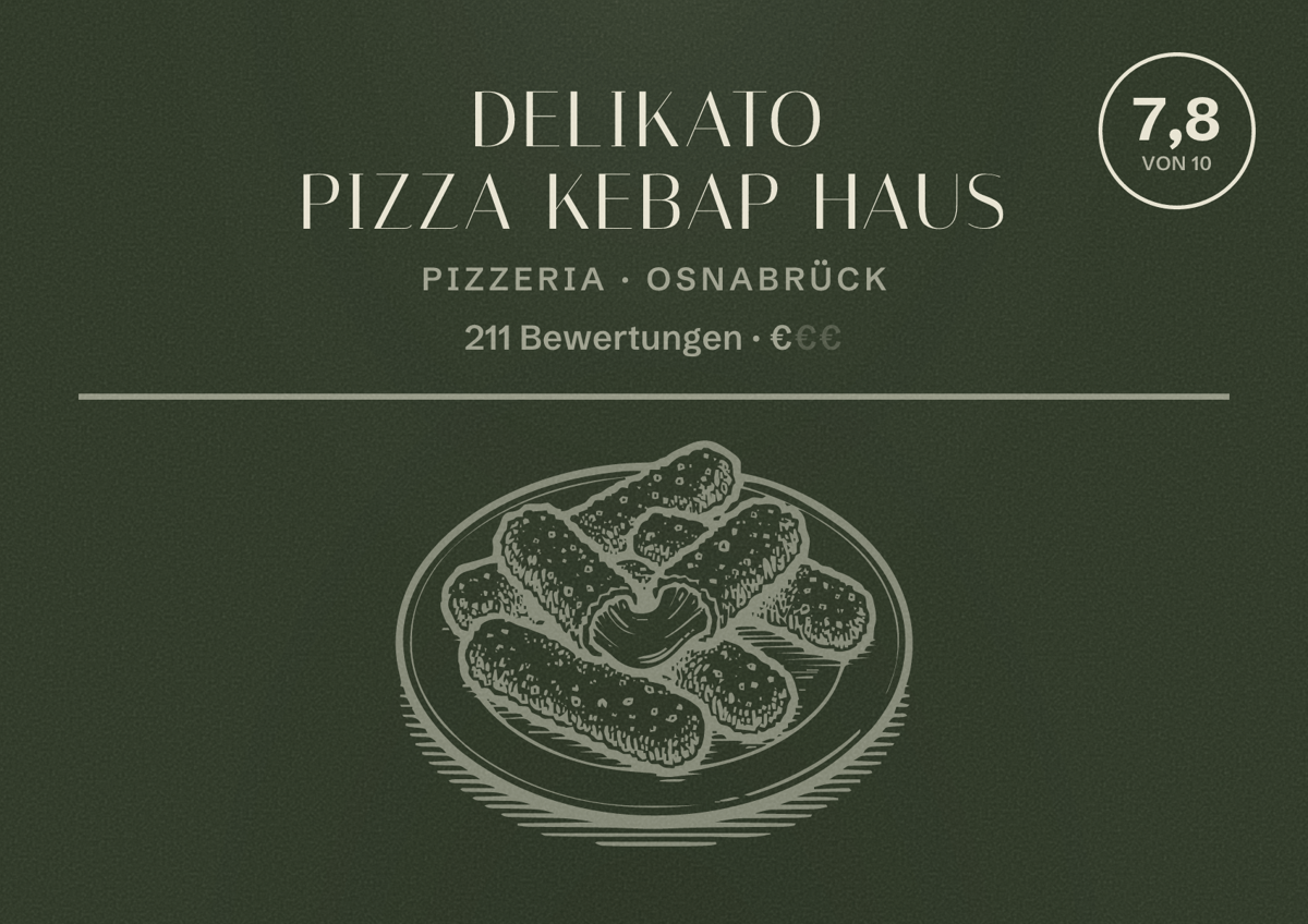 Illustriertes Poster von Delikato Pizza Kebap Haus, Pizzeria in Osnabrück: Bewertung 7,8 von 10 aus 211 Bewertungen, Preisniveau €