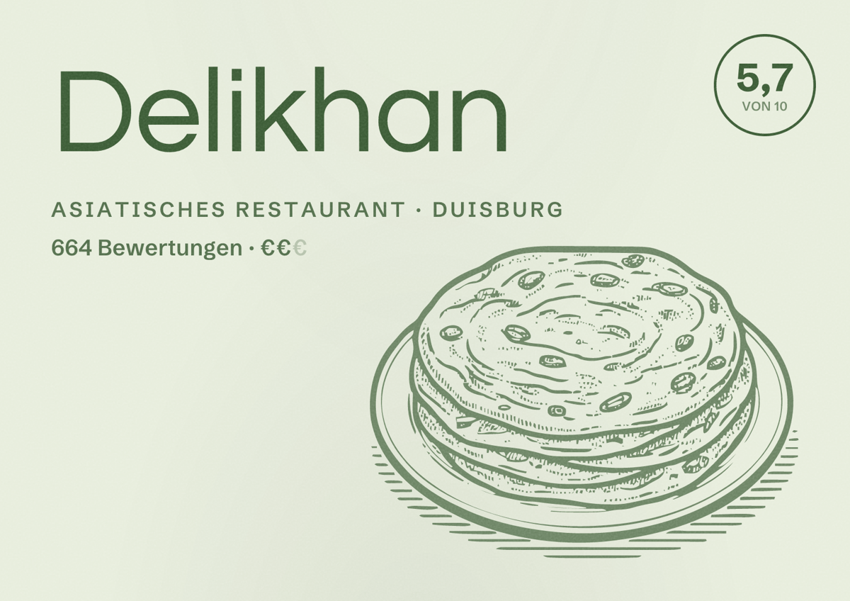 Illustriertes Poster von Delikhan, Asiatisches Restaurant in Duisburg: Bewertung 5,7 von 10 aus 664 Bewertungen, Preisniveau €€