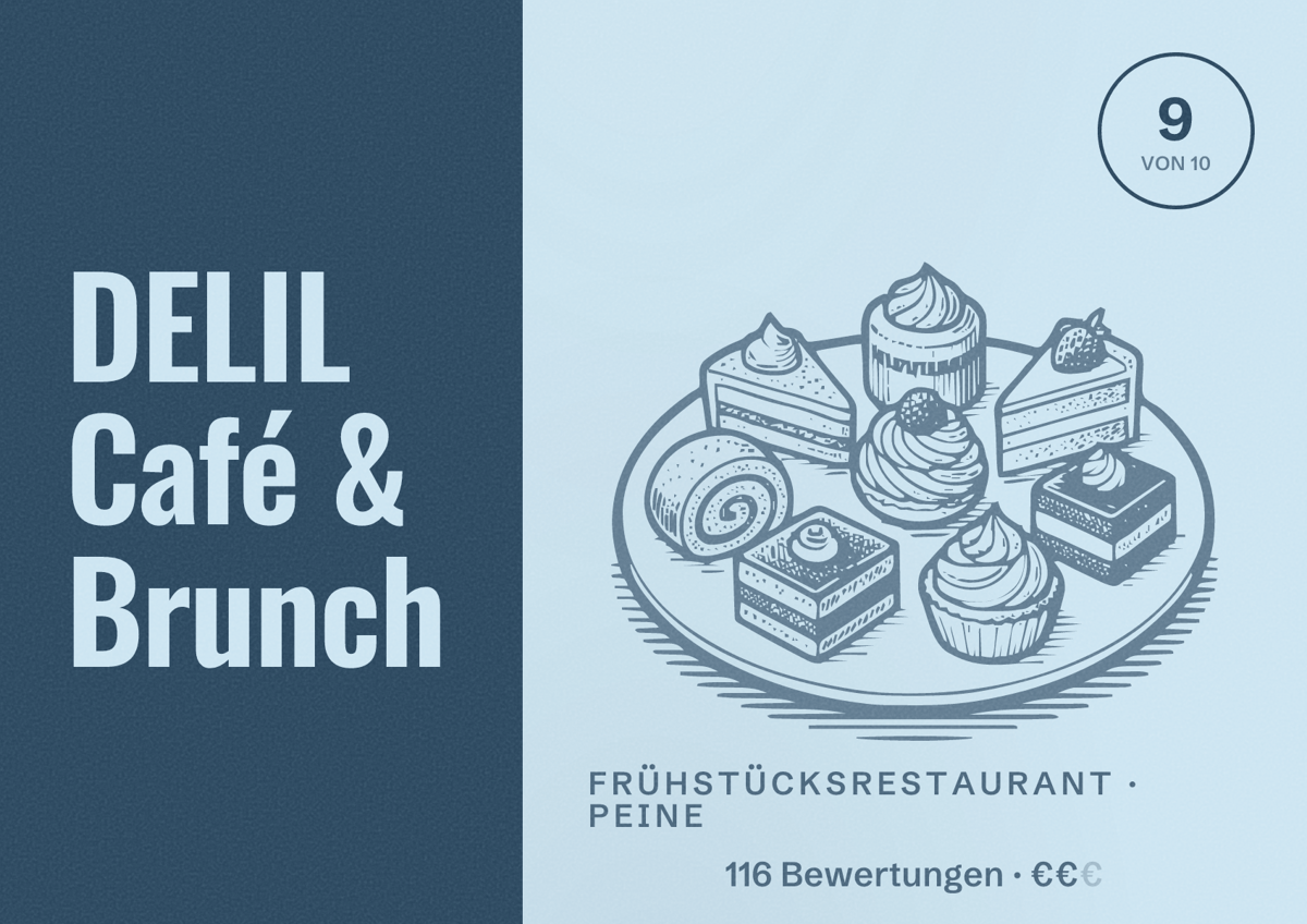 Illustriertes Poster von DELIL Café & Brunch, Frühstücksrestaurant in Peine: Bewertung 9 von 10 aus 116 Bewertungen, Preisniveau €€