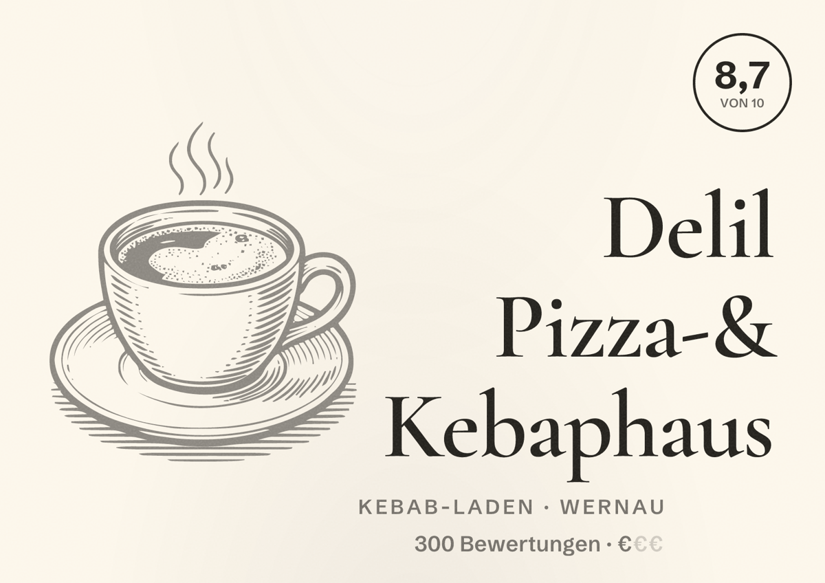 Illustriertes Poster von Delil Pizza-& Kebaphaus, Kebab-Laden in Wernau: Bewertung 8,7 von 10 aus 300 Bewertungen, Preisniveau €