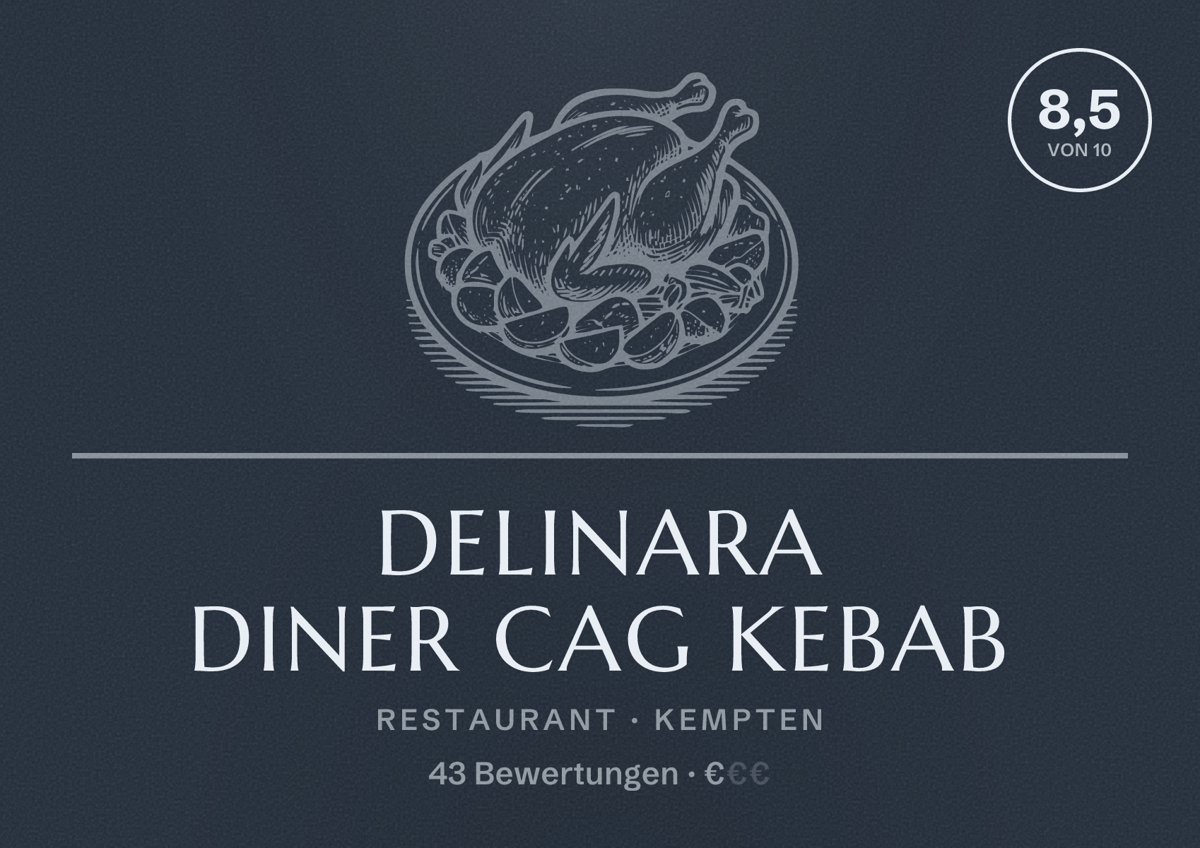 Illustriertes Poster von Delinara Diner Cag Kebab, Restaurant in Kempten: Bewertung 8,5 von 10 aus 43 Bewertungen, Preisniveau €