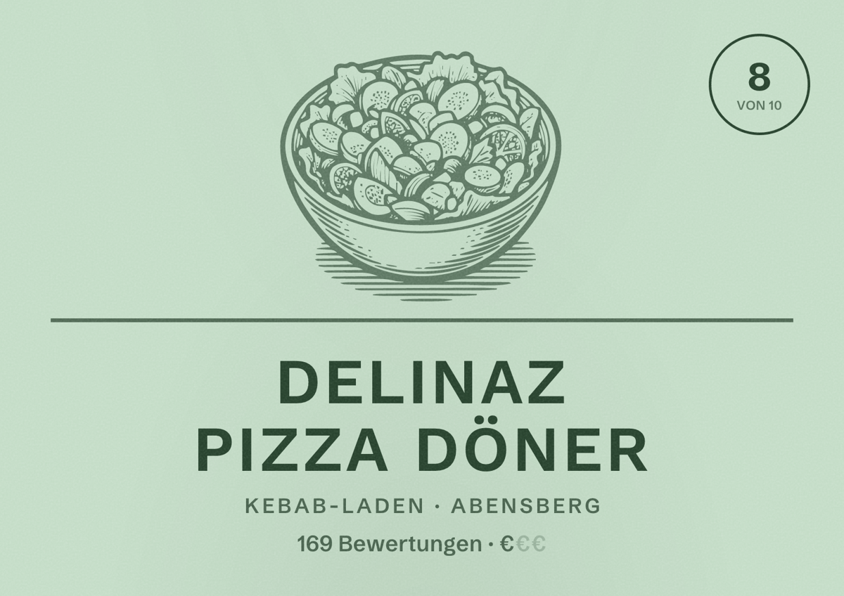 Illustriertes Poster von DELINAZ PIZZA DÖNER, Kebab-Laden in Abensberg: Bewertung 8 von 10 aus 169 Bewertungen, Preisniveau €