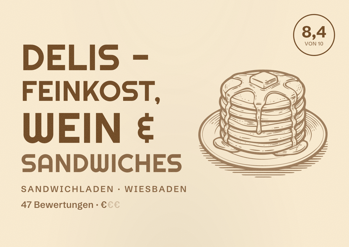 Illustriertes Poster von DELIS - Feinkost, Wein & Sandwiches, Sandwichladen in Wiesbaden: Bewertung 8,4 von 10 aus 47 Bewertungen, Preisniveau €