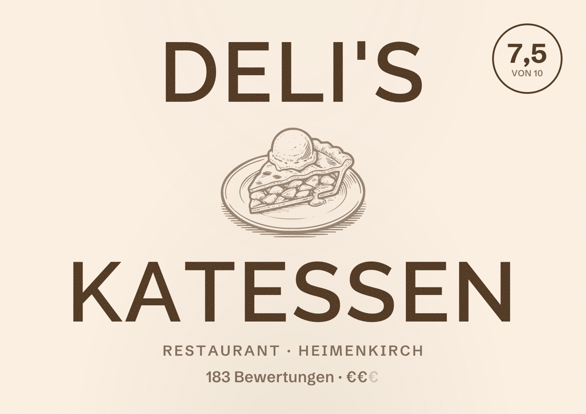 Illustriertes Poster von Deli's Katessen, Restaurant in Heimenkirch: Bewertung 7,5 von 10 aus 183 Bewertungen, Preisniveau €€