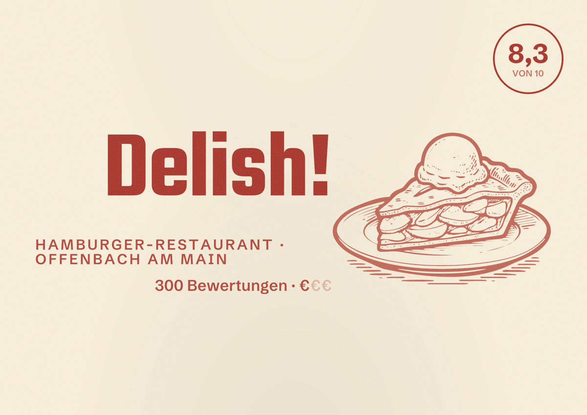 Illustriertes Poster von Delish!, Hamburger-Restaurant in Offenbach am Main: Bewertung 8,3 von 10 aus 300 Bewertungen, Preisniveau €