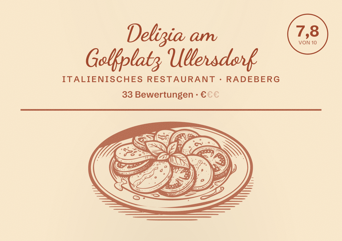 Illustriertes Poster von Delizia am Golfplatz Ullersdorf, Italienisches Restaurant in Radeberg: Bewertung 7,8 von 10 aus 33 Bewertungen, Preisniveau €