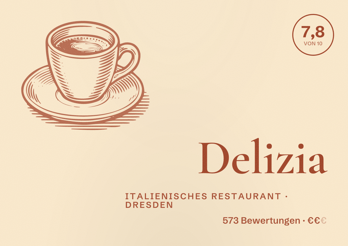 Illustriertes Poster von Delizia, Italienisches Restaurant in Dresden: Bewertung 7,8 von 10 aus 573 Bewertungen, Preisniveau €€