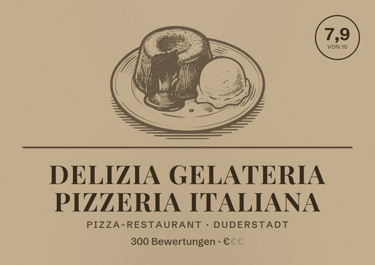Illustriertes Poster von Delizia Gelateria Pizzeria Italiana, Pizza-Restaurant in Duderstadt: Bewertung 7,9 von 10 aus 300 Bewertungen, Preisniveau €