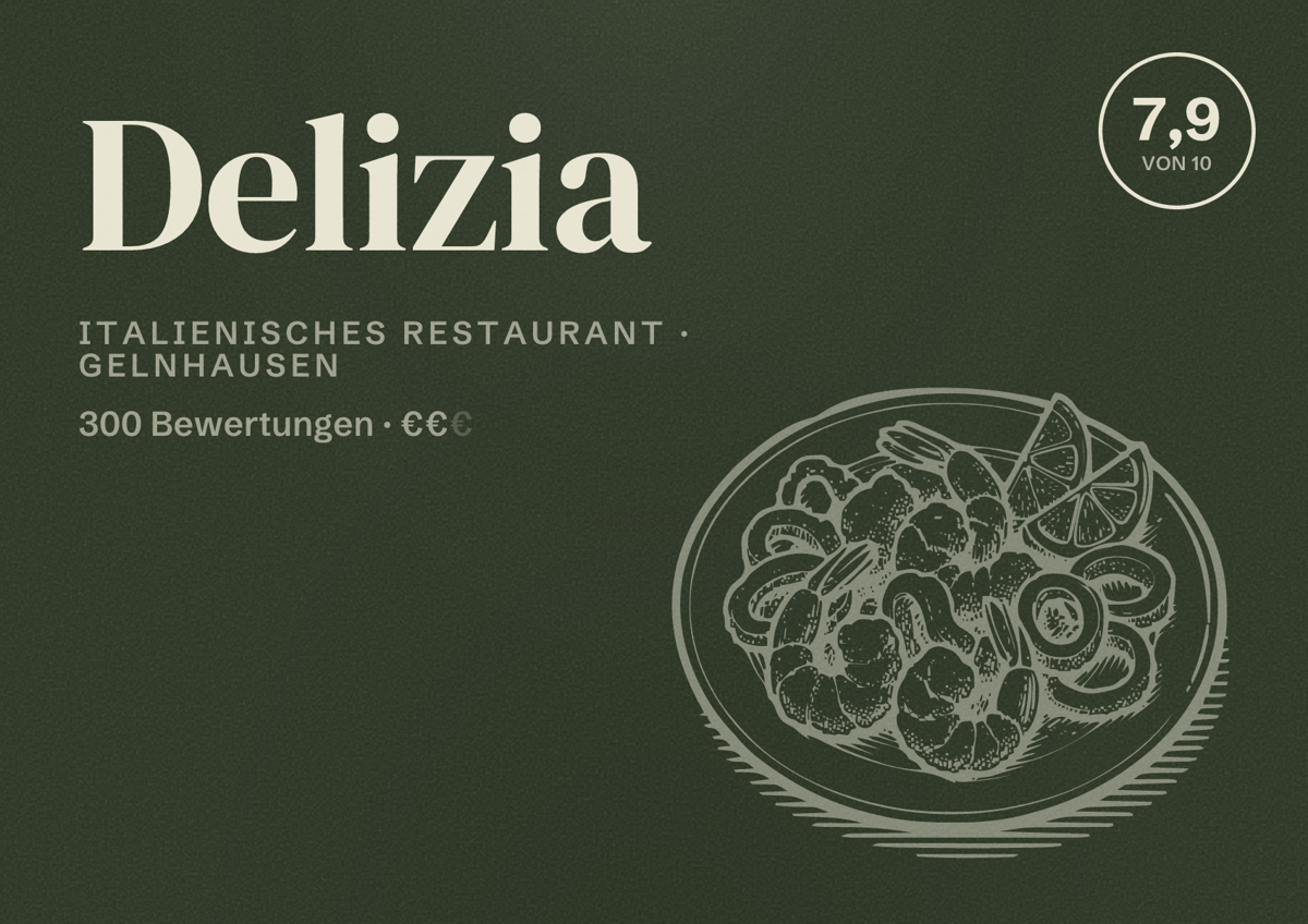 Illustriertes Poster von Delizia, Italienisches Restaurant in Gelnhausen: Bewertung 7,9 von 10 aus 300 Bewertungen, Preisniveau €€