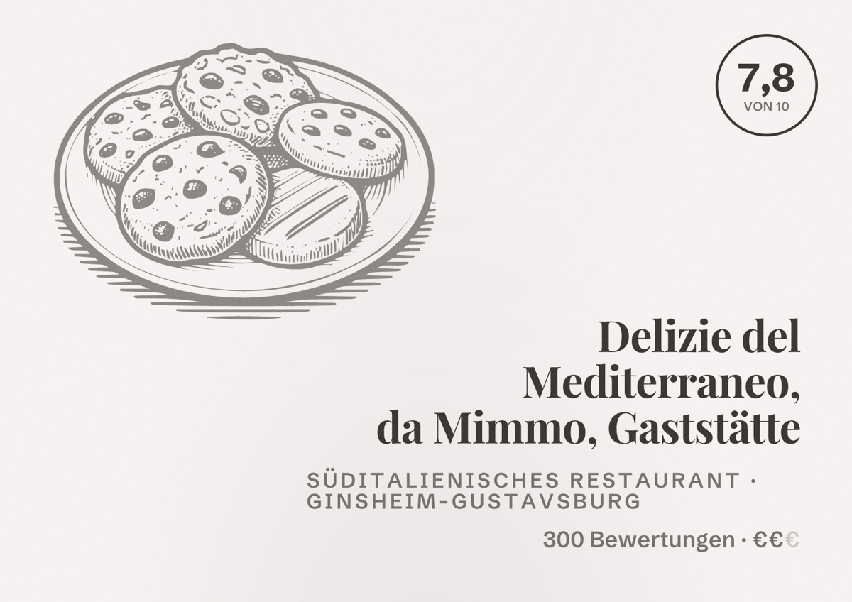 Illustriertes Poster von Delizie del Mediterraneo, da Mimmo, Gaststätte, Süditalienisches Restaurant in Ginsheim-Gustavsburg: Bewertung 7,8 von 10 aus 300 Bewertungen, Preisniveau €€