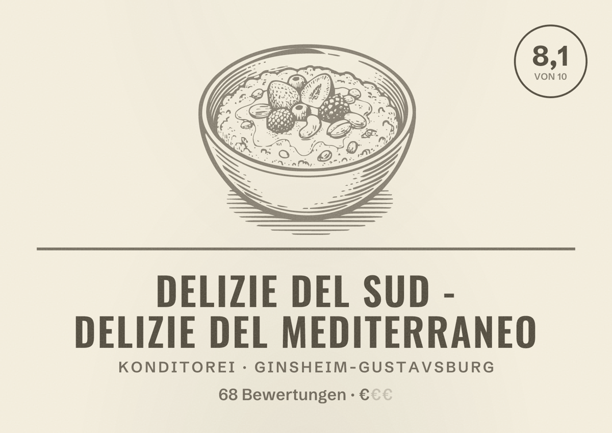 Illustriertes Poster von Delizie del Sud - Delizie del Mediterraneo, Konditorei in Ginsheim-Gustavsburg: Bewertung 8,1 von 10 aus 68 Bewertungen, Preisniveau €