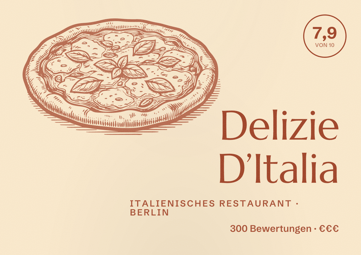 Illustriertes Poster von Delizie D’Italia, Italienisches Restaurant in Berlin: Bewertung 7,9 von 10 aus 300 Bewertungen, Preisniveau €€€