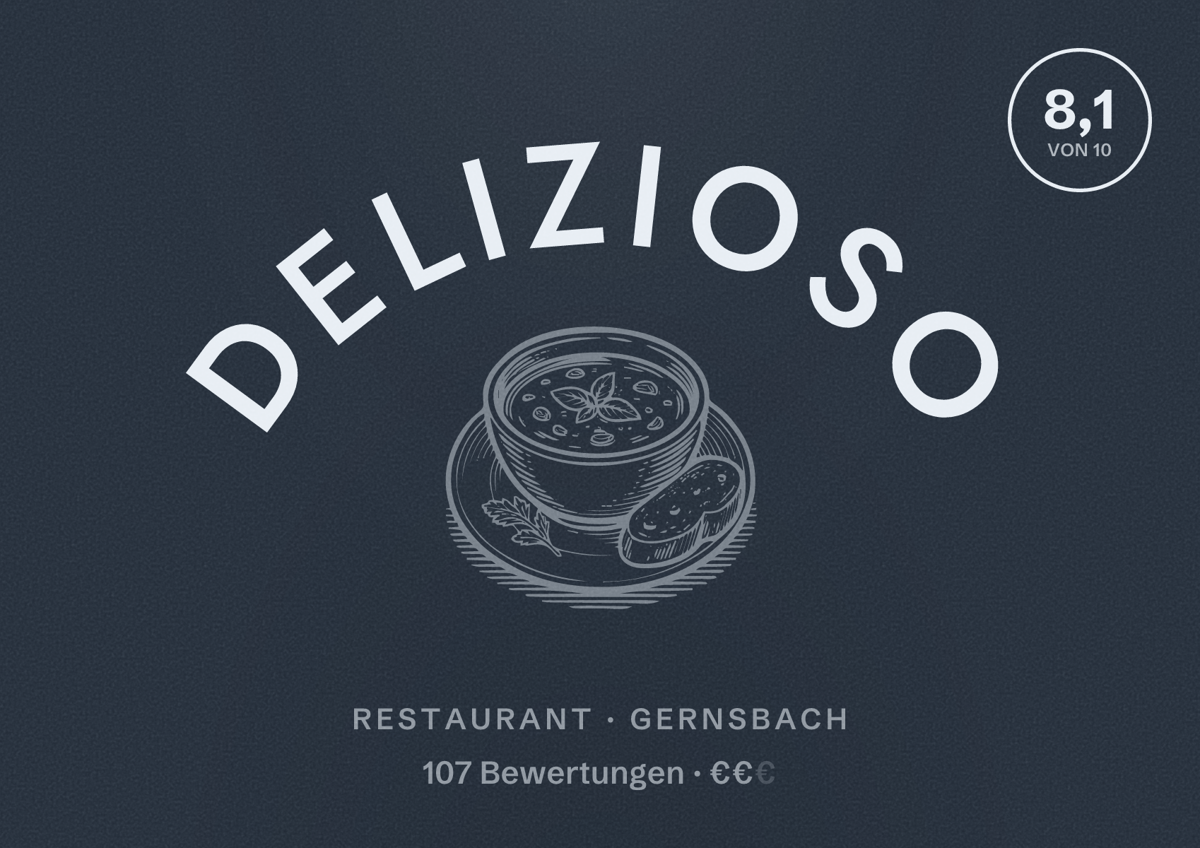 Illustriertes Poster von Delizioso, Restaurant in Gernsbach: Bewertung 8,1 von 10 aus 107 Bewertungen, Preisniveau €€