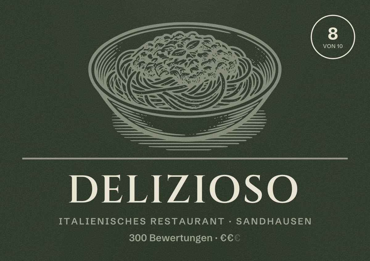 Illustriertes Poster von Delizioso, Italienisches Restaurant in Sandhausen: Bewertung 8 von 10 aus 300 Bewertungen, Preisniveau €€