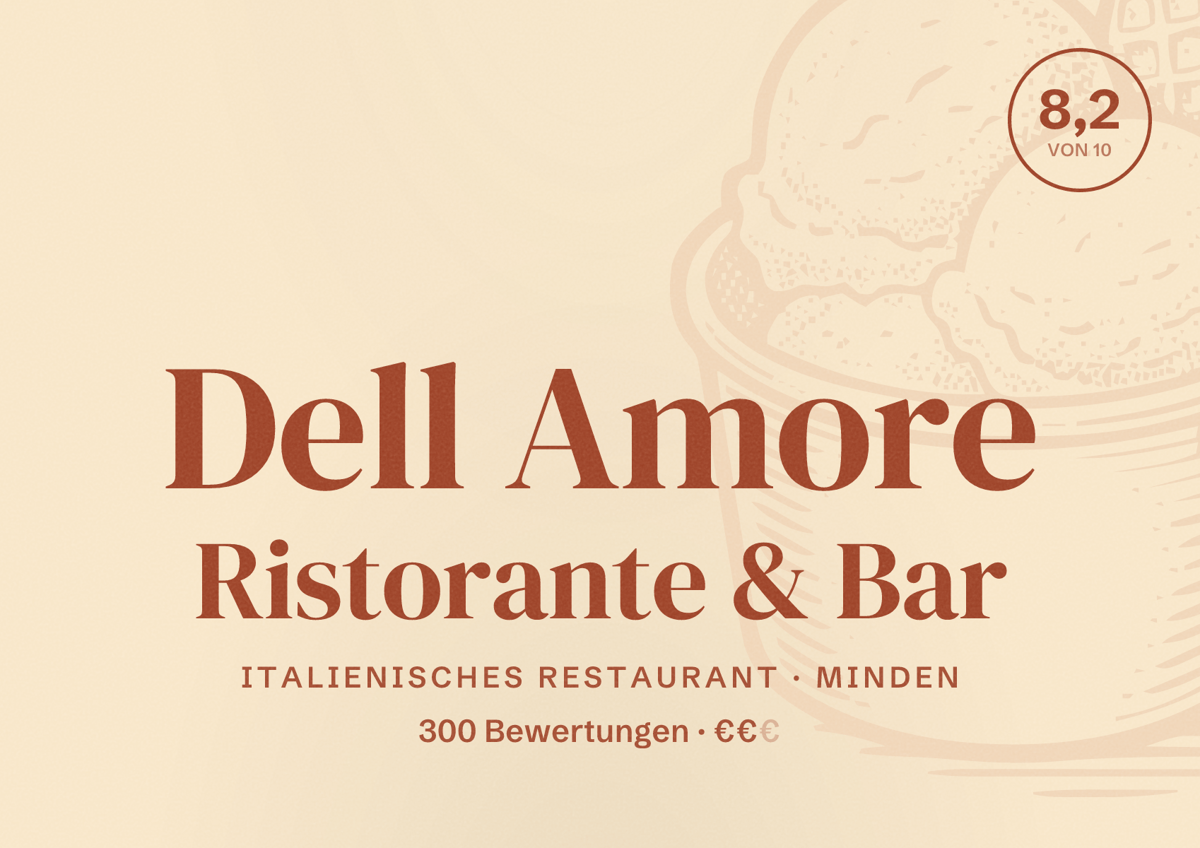 Illustriertes Poster von Dell Amore Ristorante & Bar, Italienisches Restaurant in Minden: Bewertung 8,2 von 10 aus 300 Bewertungen, Preisniveau €€