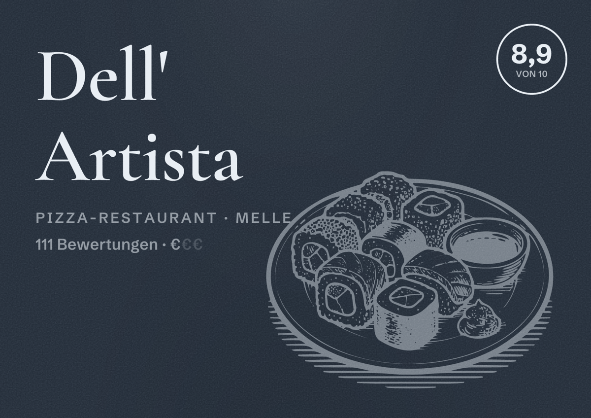 Illustriertes Poster von Dell' Artista, Pizza-Restaurant in Melle: Bewertung 8,9 von 10 aus 111 Bewertungen, Preisniveau €
