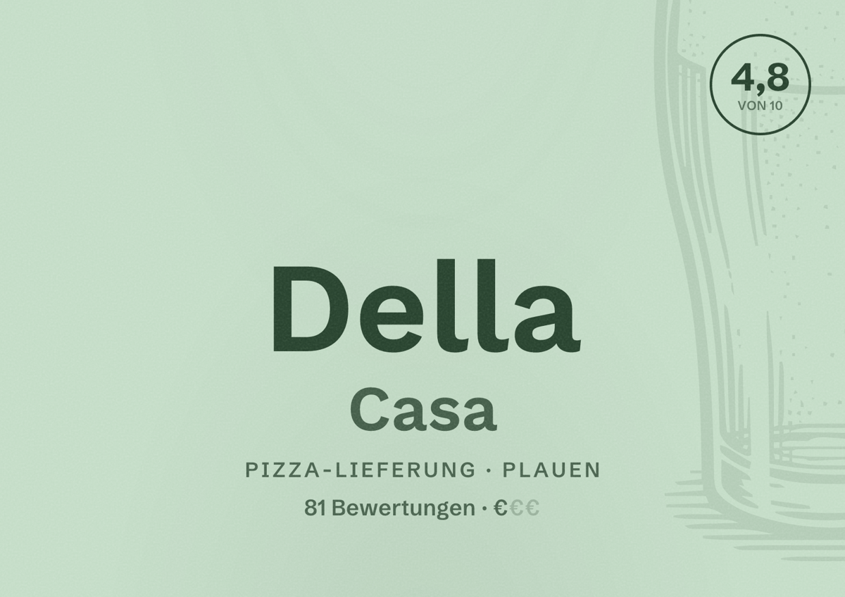 Illustriertes Poster von Della Casa, Pizza-Lieferung in Plauen: Bewertung 4,8 von 10 aus 81 Bewertungen, Preisniveau €