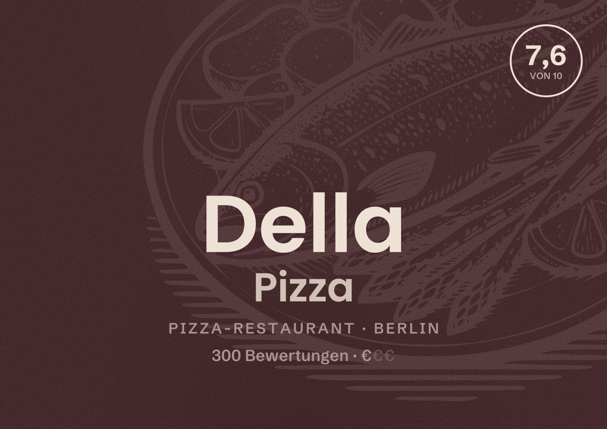 Illustriertes Poster von Della Pizza, Pizza-Restaurant in Berlin: Bewertung 7,6 von 10 aus 300 Bewertungen, Preisniveau €